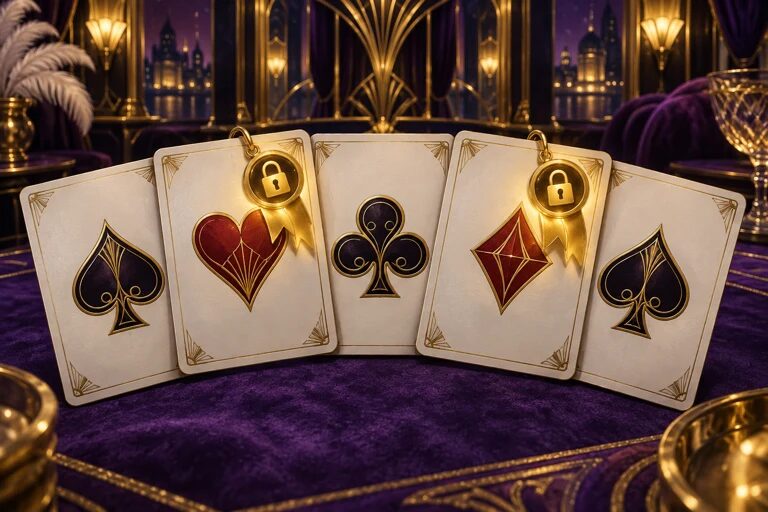 Five playing cards laid on violet velvet, app artwork for the hold hint