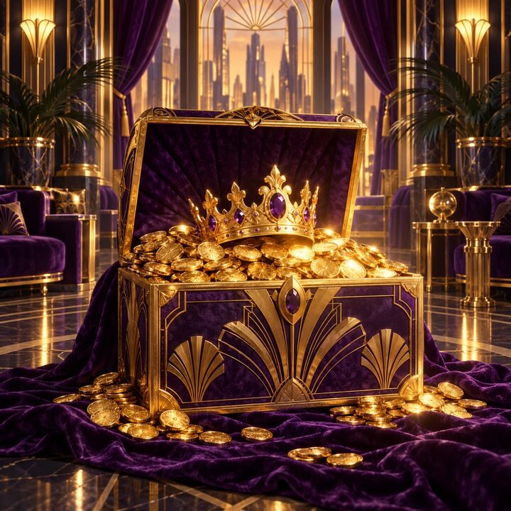 An open velvet chest of gold coins with a crown, the Royal Stipend artwork