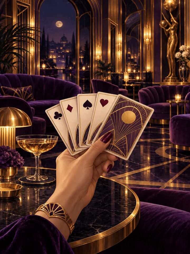 The Fridayroll lounge at night: velvet seating, gold panels and a card table, as painted for the app