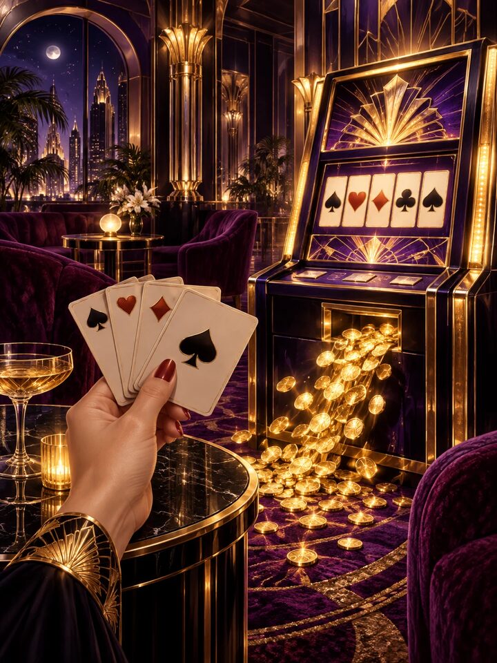A hand of cards held before a glowing art-deco poker cabinet, app artwork